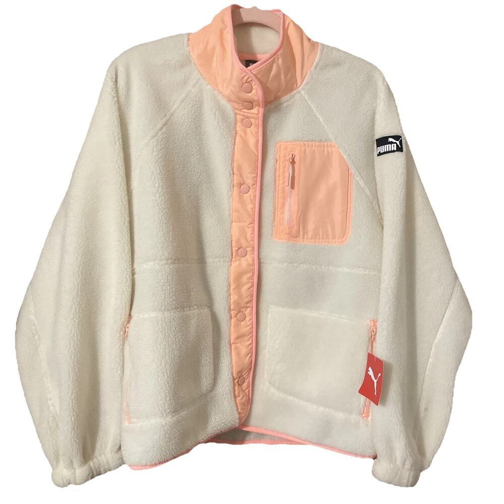 NWT Puma Sherpa Fleece Jacket w/ Neon Trim White Pristine Oversized Small